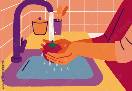 Washing Tomato in Kitchen Sink - Hands Cleaning Produce