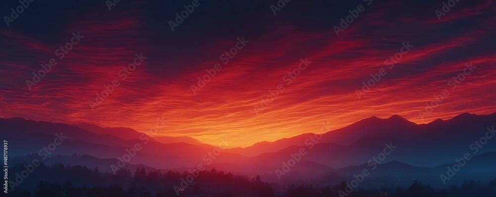 Obraz premium Stunning Sunset Over Mountains with Vibrant Red and Orange Clouds Lighting Up the Sky at Dusk for Nature and Landscape Themes