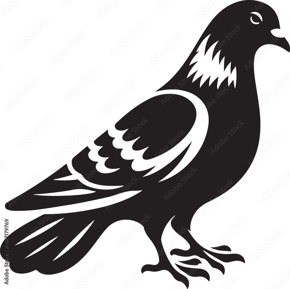 Obraz premium Pigeon Bird Black Silhouette Vector, Urban Wildlife Clipart & Flying Bird Design