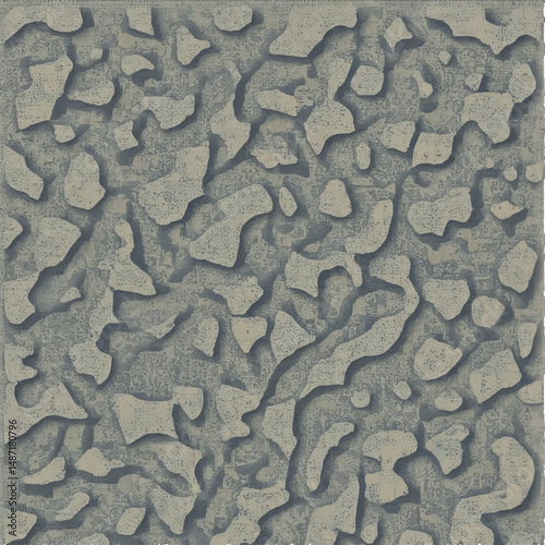 The image shows a detailed close-up view of a textured surface resembling cracked earth or a stone wall, with a mottled pattern of muted greens and grays.
