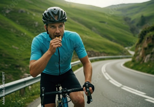A cyclist, enjoying an energy bar while cycling up a scenic mountain road.