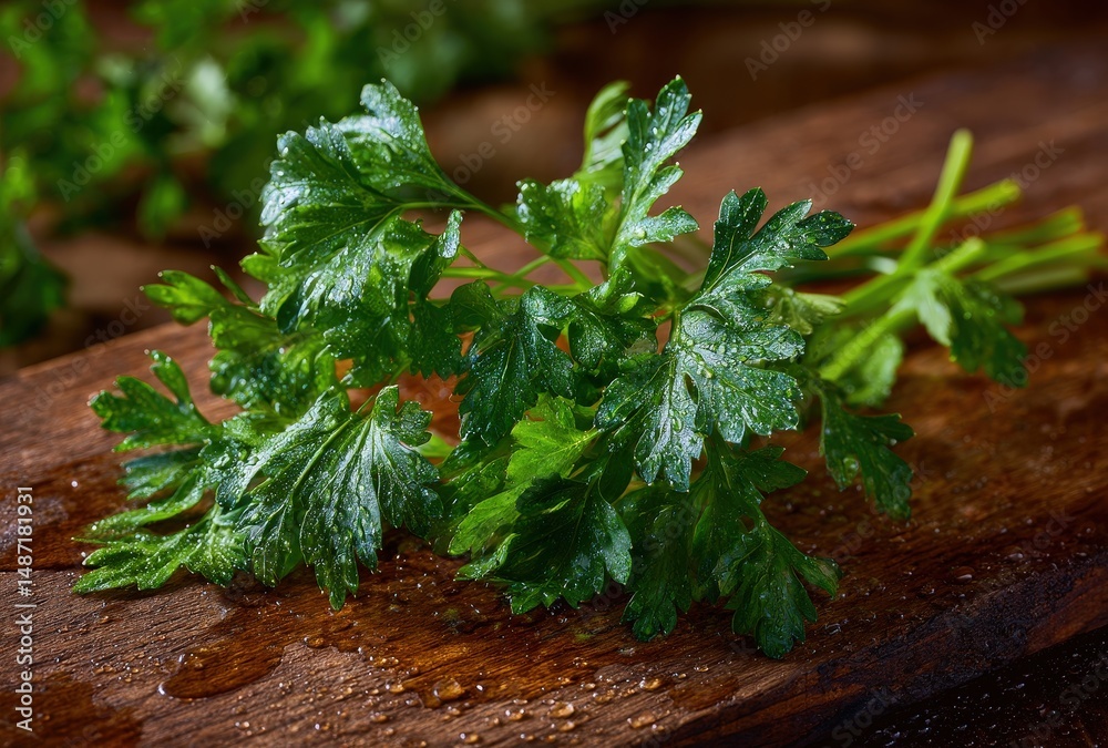 Fototapeta premium Fresh green parsley on rustic wooden board glistening with water droplets.