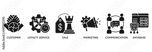 CRM icon set vector illustration concept relate to customer relationship management with icon of customer loyalty, service, sale, marketing, communication, and database