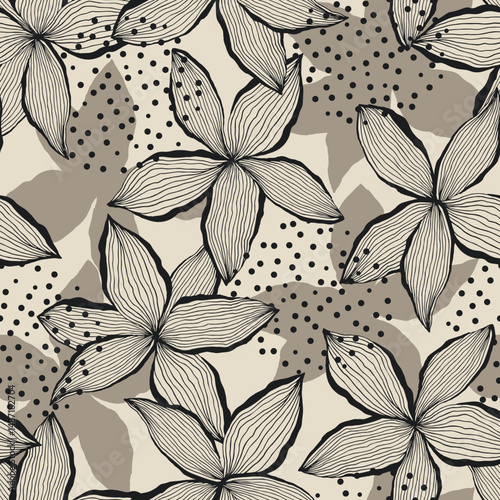 Seamless pattern with leaves and dots. For wrapping paper. Ideal for wallpaper, surface textures, textiles.