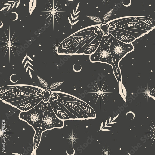 Vector seamless pattern with moon moth and stars. Contemporary composition. Trendy texture for print, textile, packaging.