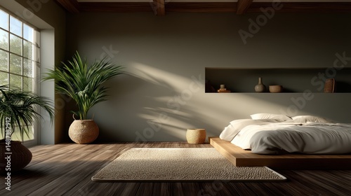 Modern bedroom interior with natural light and warm tones.