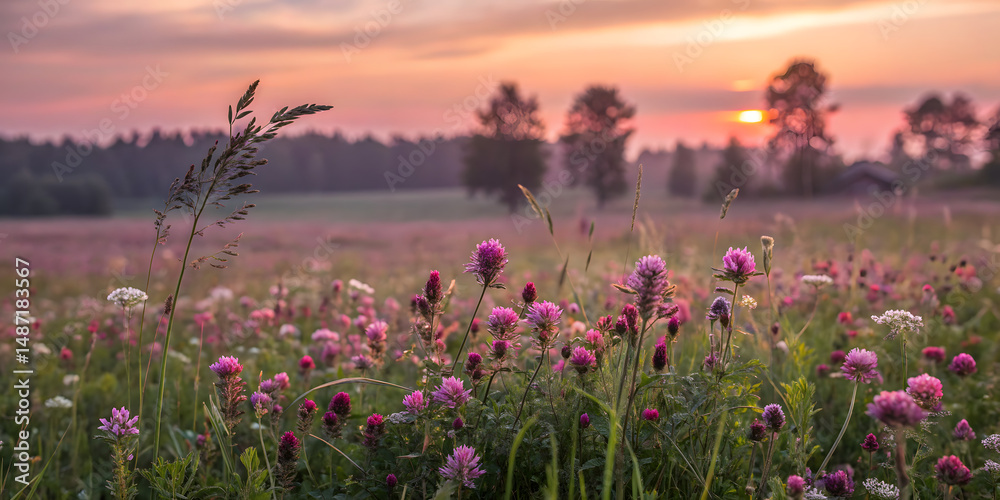 Naklejka premium Summer wildflower field with morning light and pink blossoms