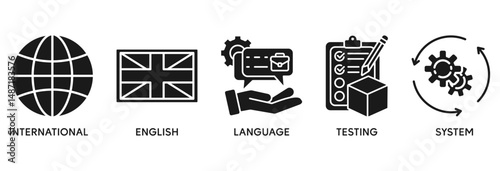 IELTS icon set vector illustration concept relate to International English Language Testing System with an icon of globe, England flag, communication, evaluation, and gears