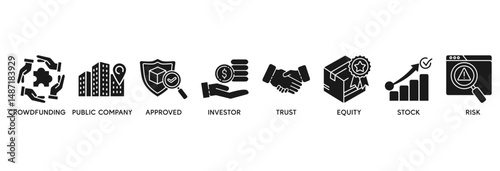 Ipo icon set vector illustration concept relate to initial public offering with icon of crowdfunding, public company, approved, investor, trust, equity, stock and risk