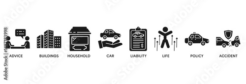 Insurance icon set vector illustration concept relate to advice, buildings, household, car, liability, life, policy and accident