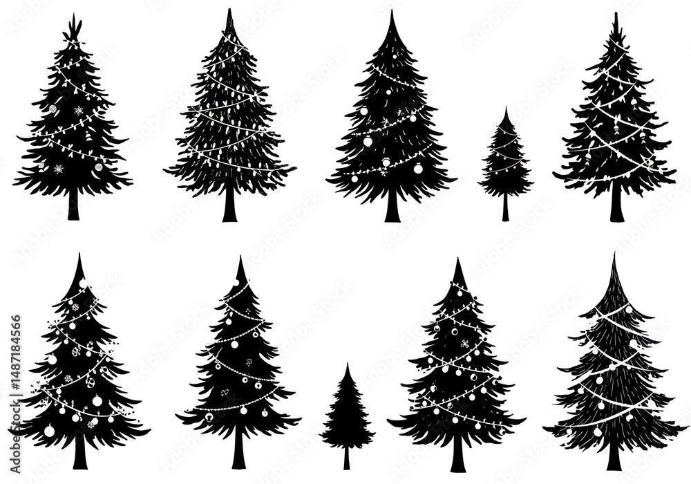 Obraz premium Ten black and white christmas trees decorated with ornaments and lights in a vector illustration