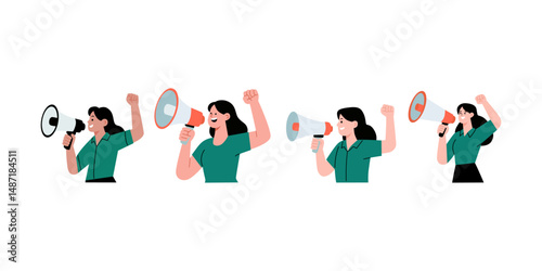 flat illustration A woman holds a megaphone and raises her fist