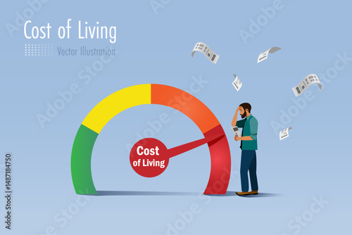 High cost of living at risk scale. Frustrated man holding calculator feeling stress on high cost of living and financial expenses. 3D vector.