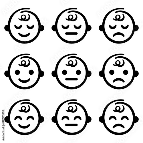 Baby face emotions line icon set. Baby boy facial expression. Newborn symbol. Kid face pictogram. Cute child smile sign. Happy and sad child. Sleeping children isolated concept. Baby care symbol.