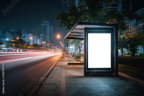 Wallpaper Mural Vertical blank billboard at a dark city bus stop. Surrounded by motion light trails, urban buildings, and trees. Great for glowing ad and poster mockup displays. Torontodigital.ca