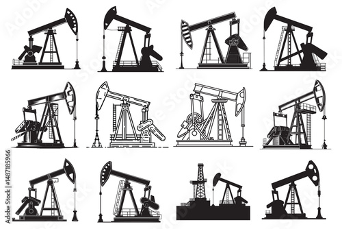 Oil Pump Jack Silhouette Icons Set for Industry Energy and Petroleum Designs