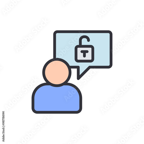 Person Thinking About Unlocked Security Symbol In Speech Bubble