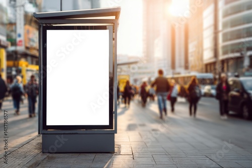Wallpaper Mural Vertical blank billboard at a busy urban bus stop. Surrounded by pedestrians, cars, and city buildings. Ideal for outdoor ad previews and branding visuals. Torontodigital.ca