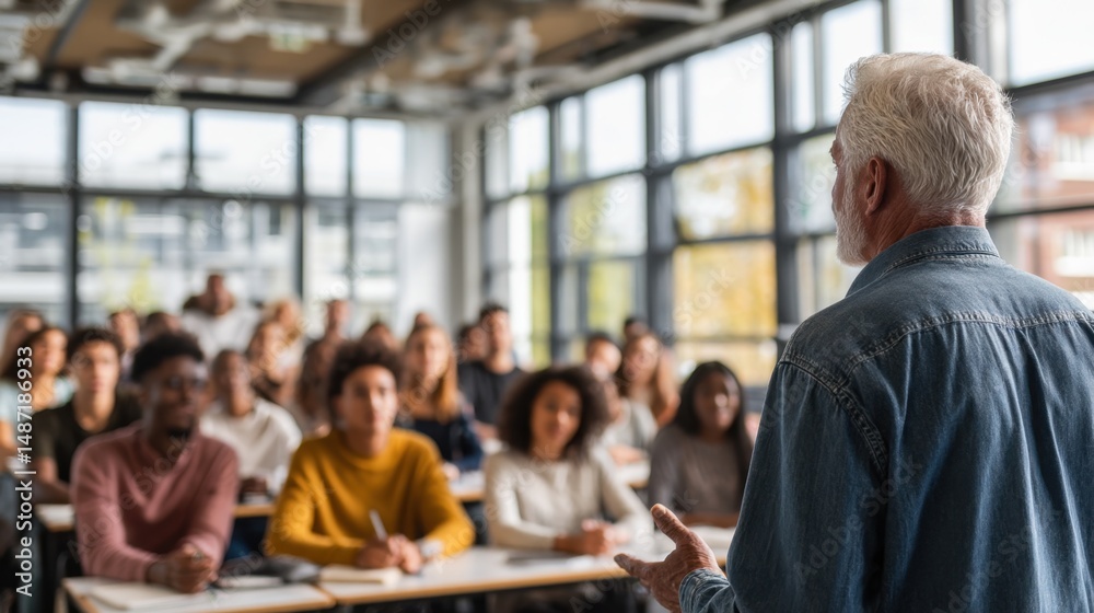Obraz premium Elderly male professor speaking to diverse group of university students in bright classroom. Higher education. Academic lecture and knowledge sharing in modern learning space