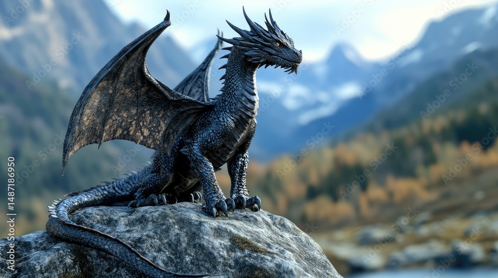 Fototapeta premium A fierce, winged dragon with sharp claws and spiky scales stands atop a rocky outcrop,