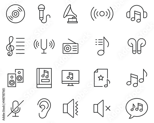 Simple set of music related vector line icons. Containing play and pause button, equalizer, recording disc, microphone, speaker, notes, headphone, mute, loudspeaker. Music notes icons set.