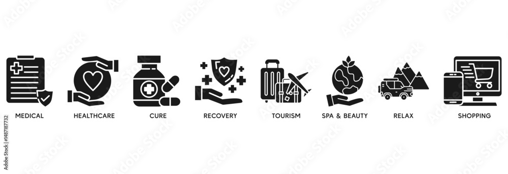 Medical tourism icon set vector illustration concept relate to medical, healthcare, cure, recovery, tourism, spa, beauty, relax and shopping Medical tourism icon set vector illustration concept relate to medical, healthcare, cure, recovery, tourism, spa, beauty, relax and shopping