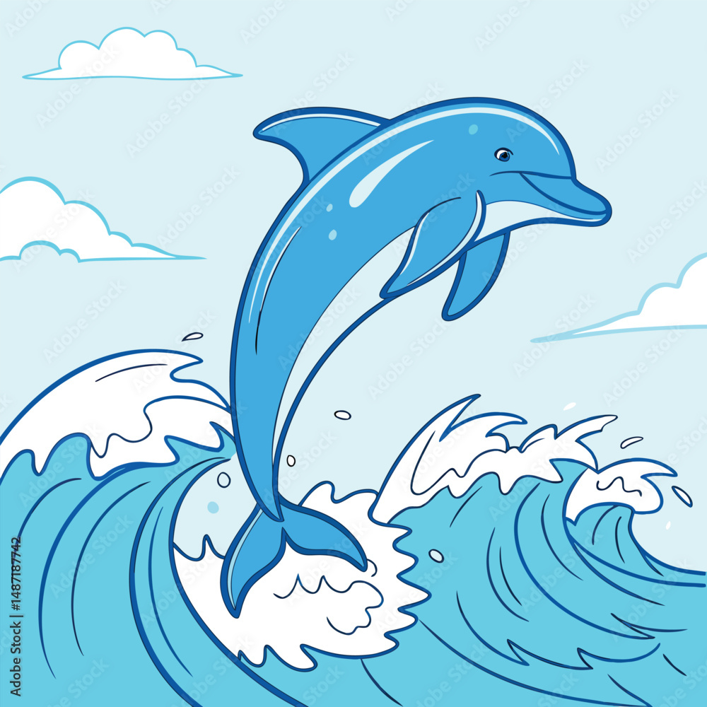 Fototapeta premium Bright Blue Dolphin Leaping from Ocean 