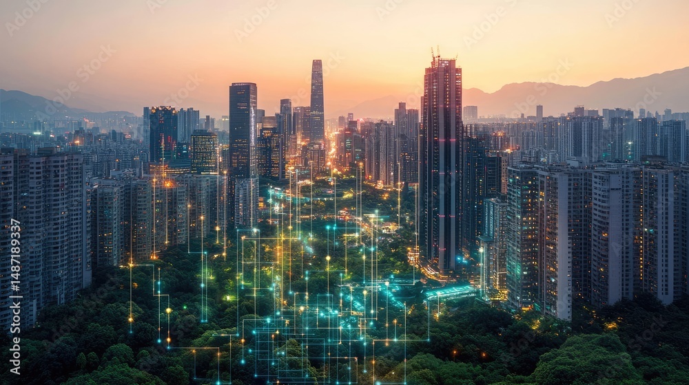 Obraz premium Urban Connectivity: A futuristic cityscape interwoven with digital infrastructure