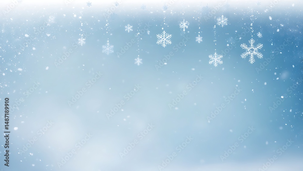 Fototapeta premium Beautiful winter background with delicate snowflakes falling against a soft blue backdrop design.