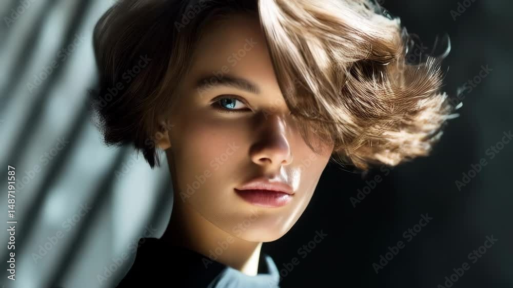 Portrait of a serious-looking female with blue eyes and blonde wavy bob hairstyle glancing toward the camera in the studio