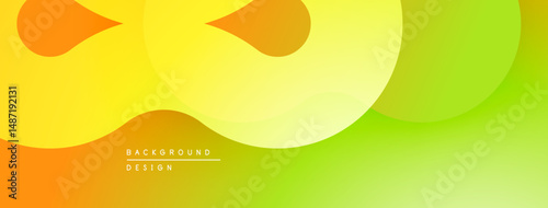 Abstract background features overlapping rounded shapes. Colors transition from orange, yellow, to green. Smooth gradients create modern design.