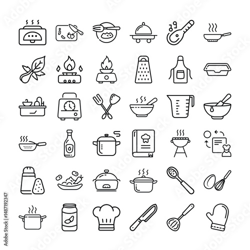 Cooking Tools and Appliances Icon Set  Line Style