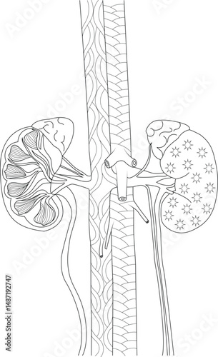 Human Kidney Anatomy Line Art Illustration, Detailed black and white line drawing illustrating the anatomy of the human kidneys, renal arteries, veins, and ureters, connected to the aorta and 