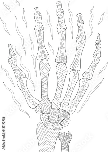Stylized Skeleton Hand Anatomy Zentangle Line Art, Detailed line art illustration of a human skeleton hand with intricate patterns on the bones, reminiscent of Zentangle or adult coloring book 