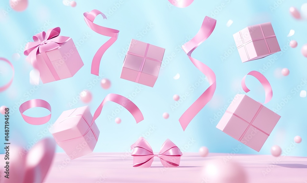Fototapeta premium Floating pink gift boxes and ribbons against a light blue background.