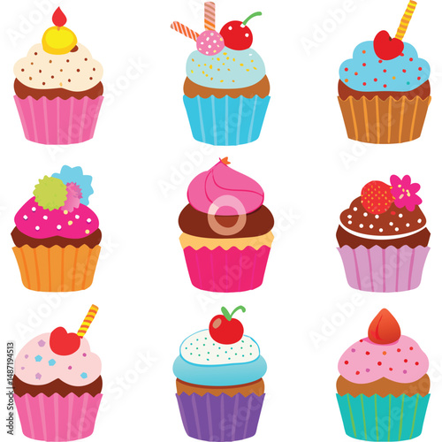 Colorful Cartoon Cupcakes Illustration Whimsical Sweet Treats Birthday Fun