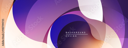 Abstract background features overlapping curves, gradients. Purple, white, orange hues create modern design. Smooth transitions dominate composition.