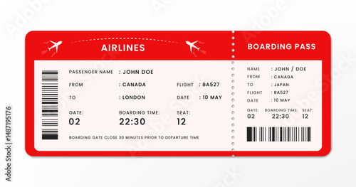 Modern airline boarding pass ticket design with flight details isolated on white. Air line flight pass concept vector illustration