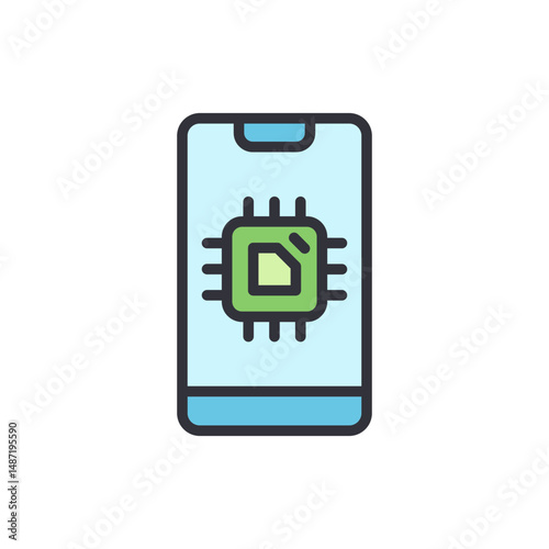 Mobile Phone Displaying A Green Microchip Icon Representing Technology