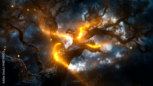 Enchanted Forest with Glowing Tree and Dark Clouds