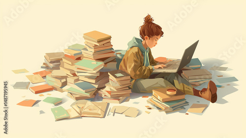Focused Student Studying with Laptop and Books