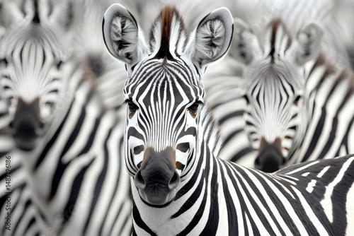 Zebra staring intensely from a group of zebras