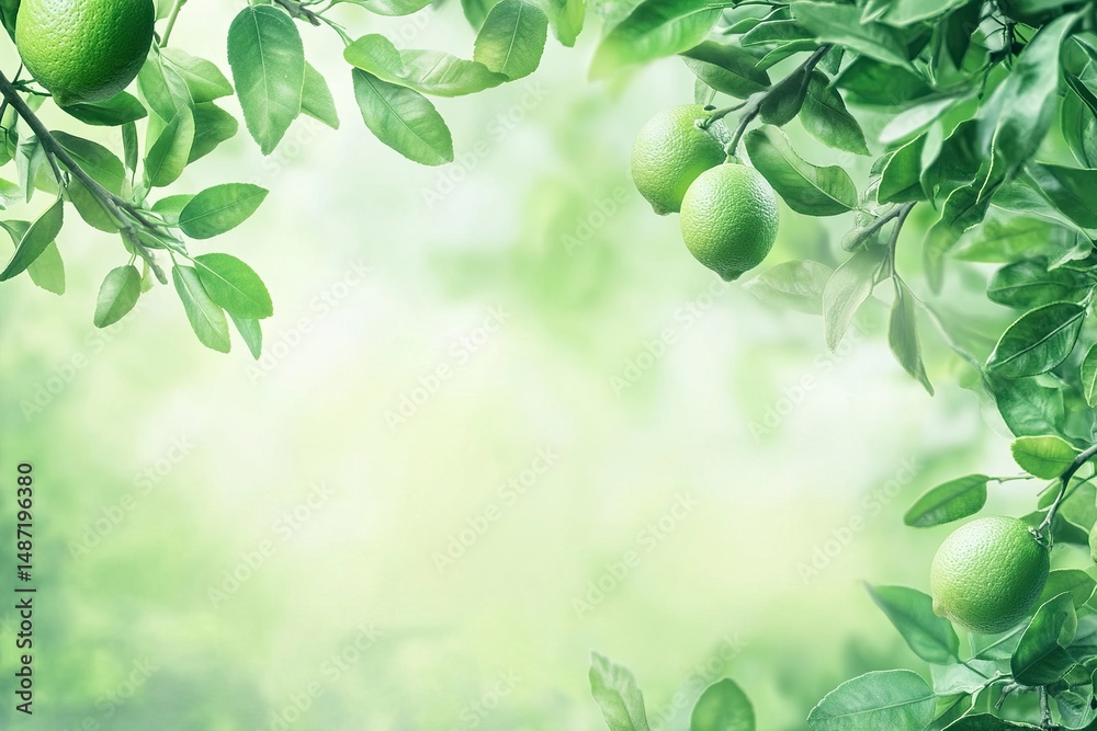 Obraz premium Bourgeois, limes on a tree in a garden with a green leaves background, copy space concept for healthy food and natural organic products .generative ai