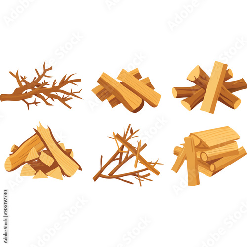 Firewood Logs Branches Stack Pile Vector Cartoon Illustration