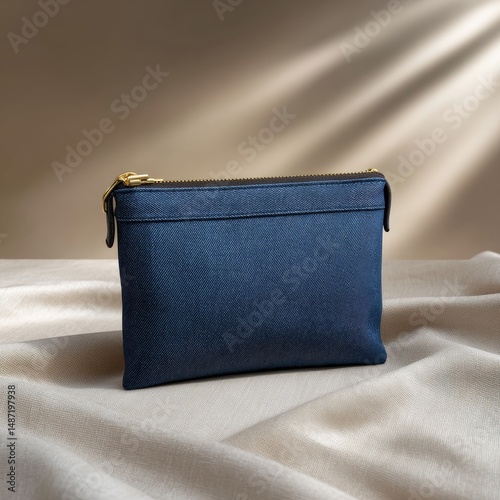 Stylish Denim Clutch Bag in Morning Light on Beige Textile Background, Photorealistic View with Zipper Closure and Tone-on-Tone Seams
