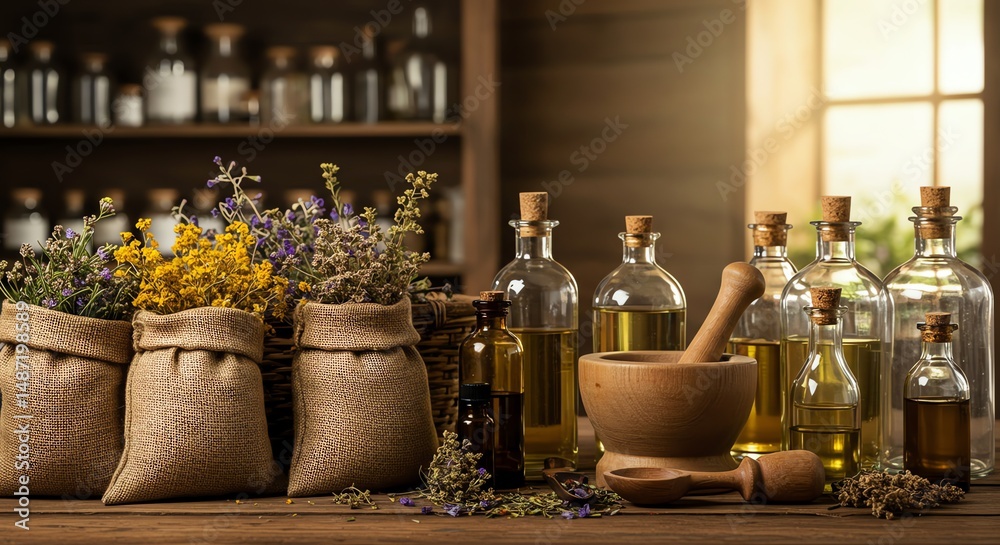 Fototapeta premium Herbal Apothecary: Rustic Bottles, Dried Flowers, and Warm Lighting
