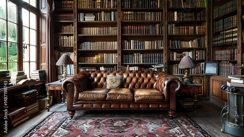 Cozy library interior featuring a vintage Chesterfield sofa and floor-to-ceiling bookshelf decor.