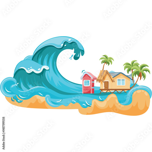 Tsunami Wave Approaching Tropical Island Cartoon Disaster Illustration