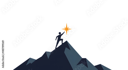Silhouette of a person reaching for a star on top of a mountain peak against a white background