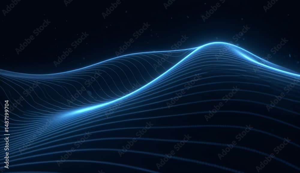 Flowing abstract wave created by glowing dust balls and smooth curved organic lines over black background with cool blue light atmosphere
